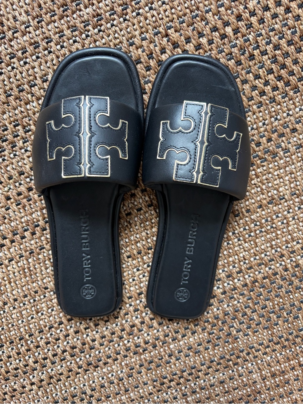 Tory Burch Black Logo Slide Sandals with Gold Trim - Picture 2 of 3